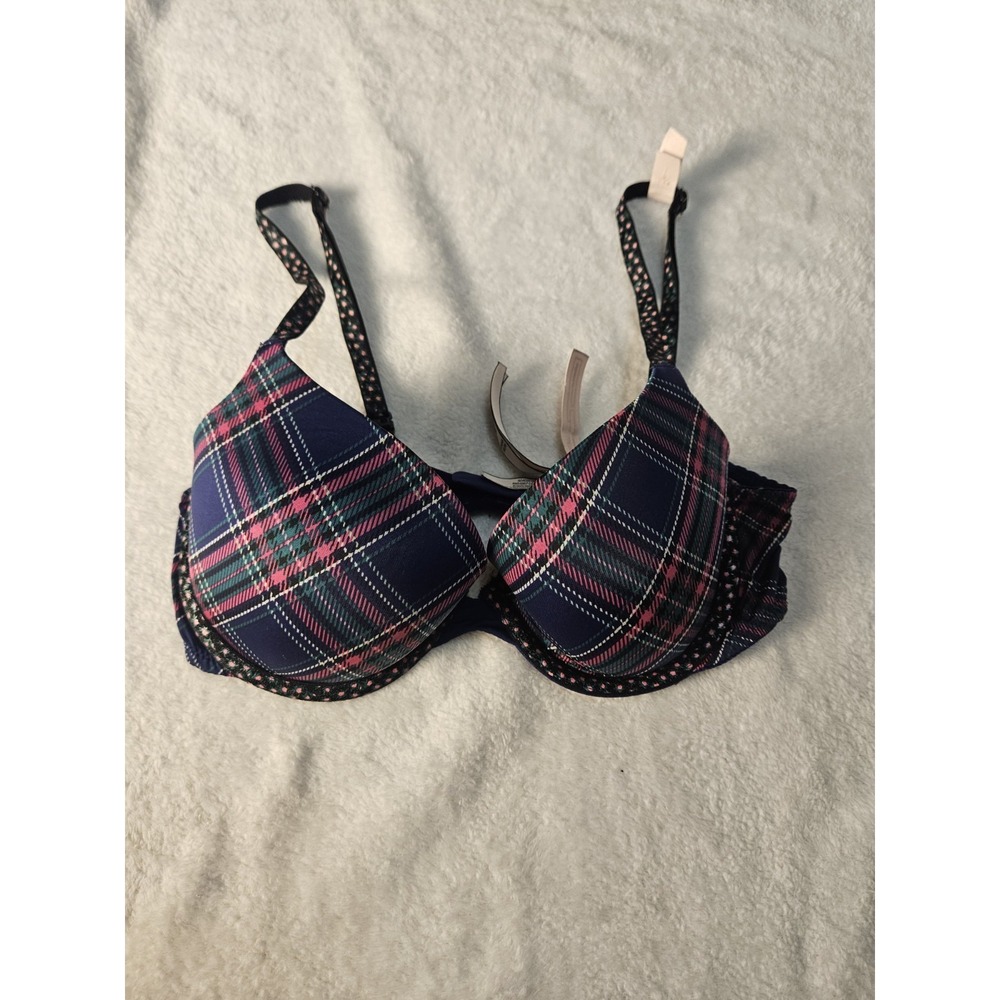 Victoria's Secret 34C Lightly Lined Demi Bra Plaid Checkered Navy Pink Snap